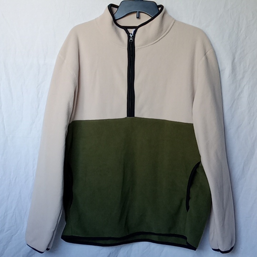 Men's Fleece Pullover Jacket Color Block Green Cream color Size M